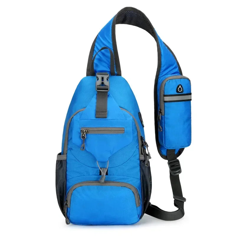 A bright blue multi-functional nylon chest sling bag with black straps and pockets.
