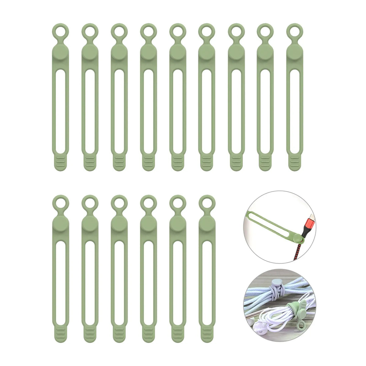 A set of silicone cable ties and cord organizers in light green color.