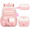 A pink cartoon school bag set for girls featuring a backpack, a pouch, and a small zippered case.