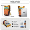 A yellow and orange lightweight travel hiking backpack with an air cushion support, showing its dimensions and features.