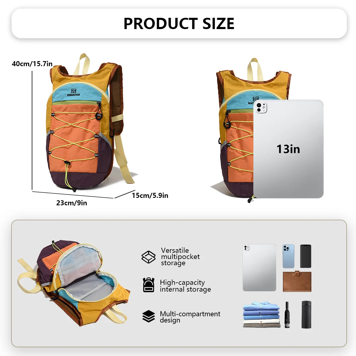 A yellow and orange lightweight travel hiking backpack with an air cushion support, showing its dimensions and features.