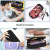 A multi-function luxury leather pencil case shown in various colors and usage contexts.