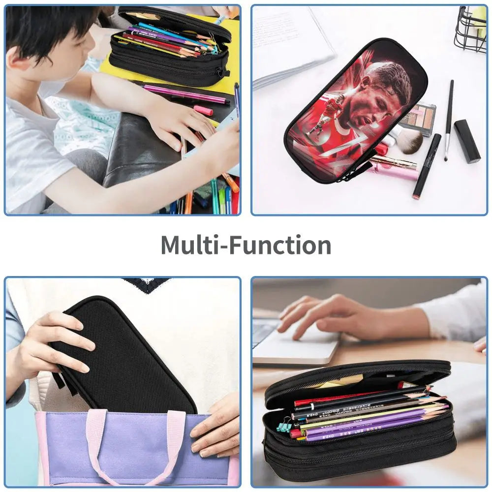 A multi-function luxury leather pencil case shown in various colors and usage contexts.