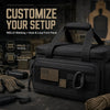 A black MOLLE webbing tool bag featuring a hook and loop front panel, displayed on a dark surface.