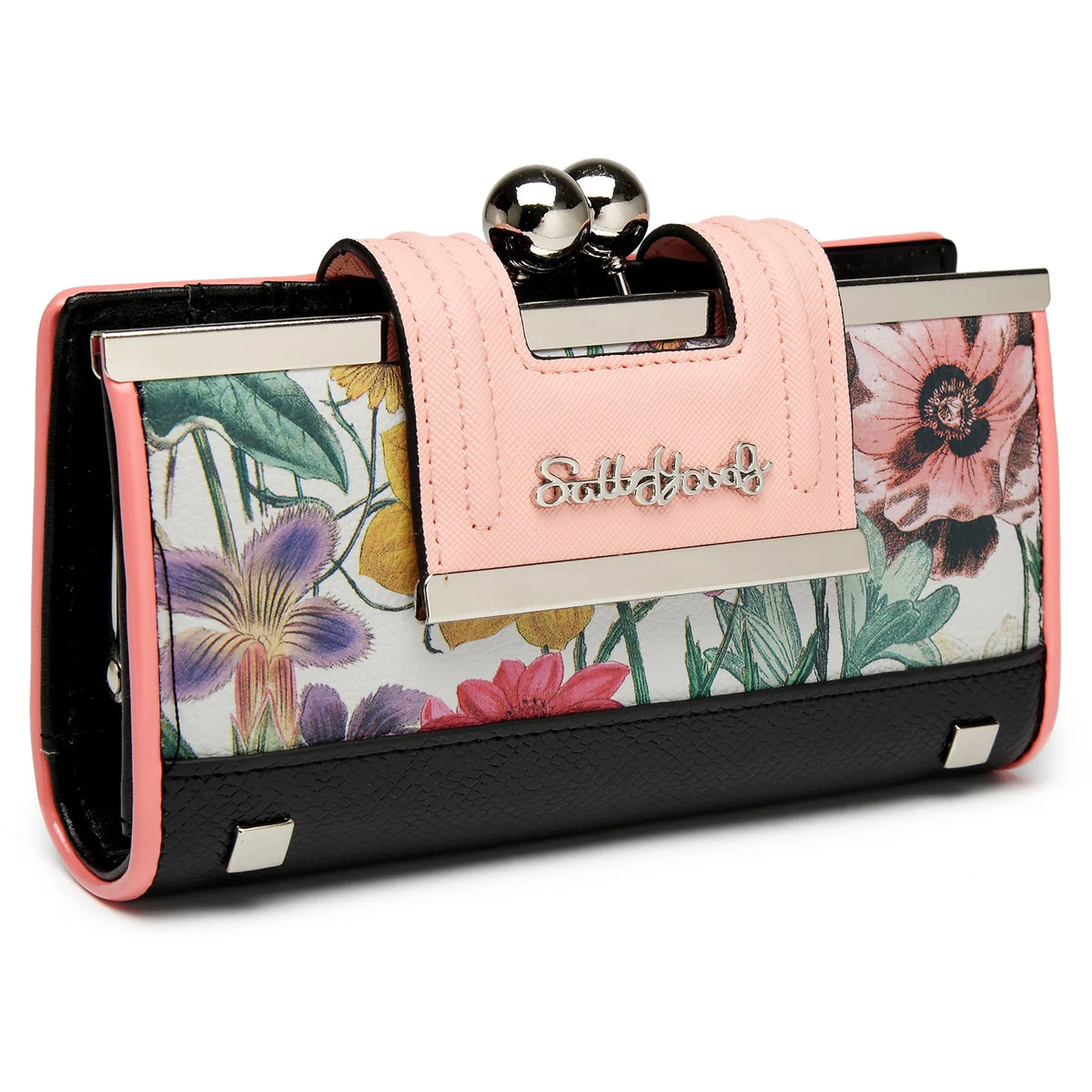Cartera femenina rosa y negra con estampado floral y cierre plateado.