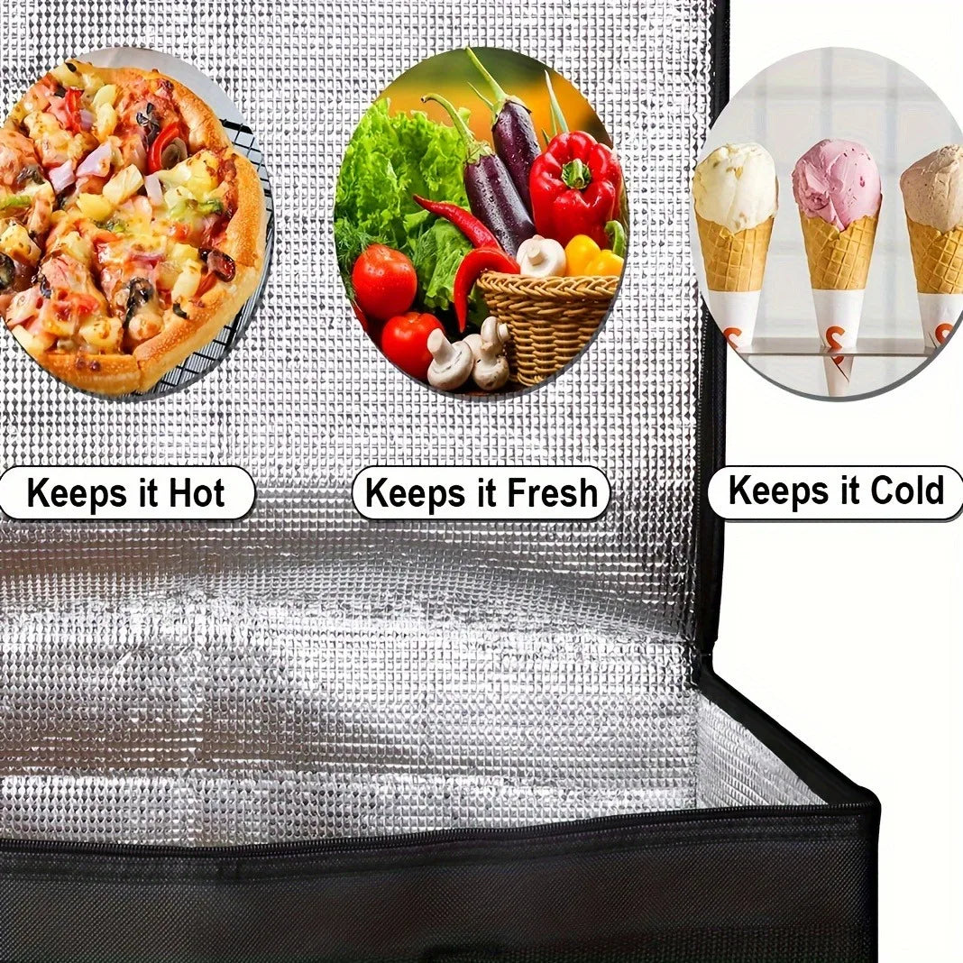 Reusable insulated food delivery bag showing keeps hot fresh and cold features with pizza, vegetables, and ice cream