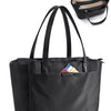 Black premium women's laptop tote bag with a separate zippered pouch shown next to the main bag.