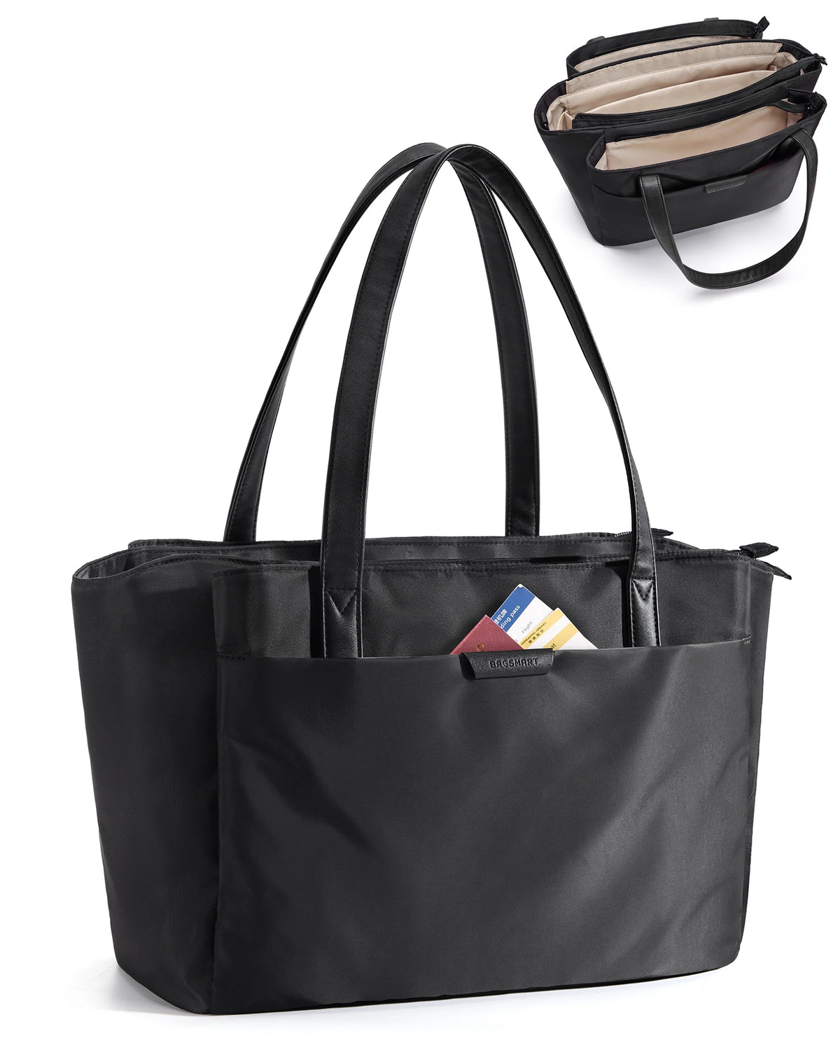 Black premium women's laptop tote bag with a separate zippered pouch shown next to the main bag.