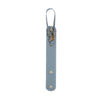 A vintage leather glove holder strap in a muted blue-gray color with brass hardware.