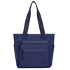 Navy blue canvas tote bag with two zippered pockets and dark straps