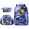 A blue Minecraft themed backpack and a matching wallet featuring Minecraft characters.