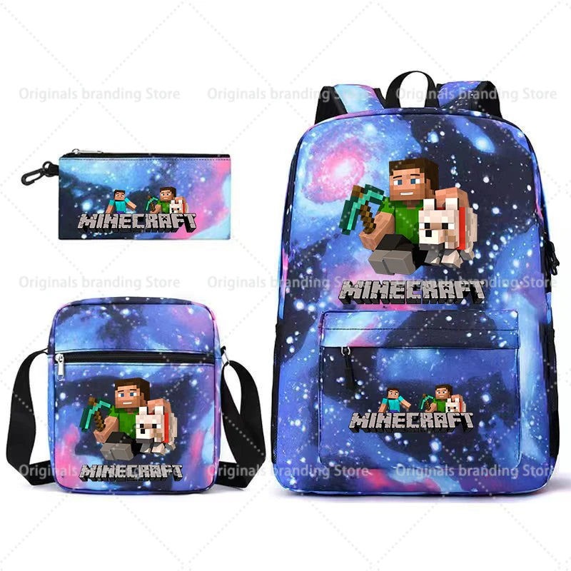 A blue Minecraft themed backpack and a matching wallet featuring Minecraft characters.