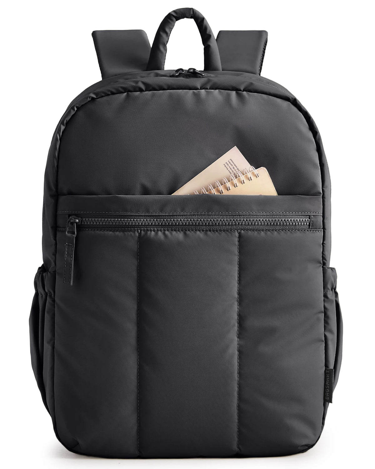 A black large capacity laptop backpack with a front pocket and padded straps.