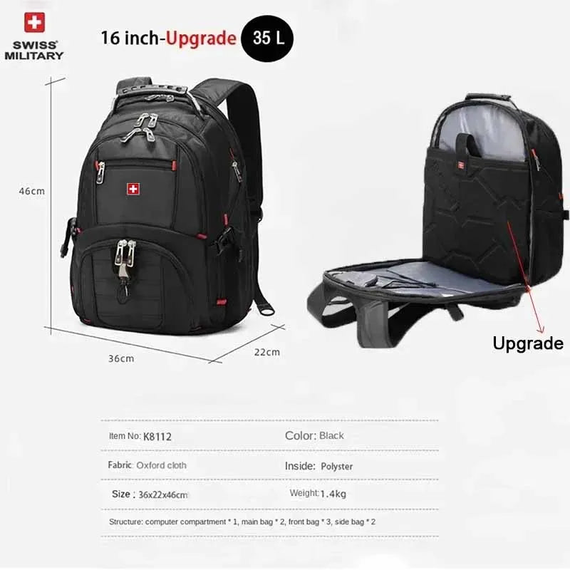 Black Swiss Military 16 inch laptop backpack with upgrade features shown from the front.