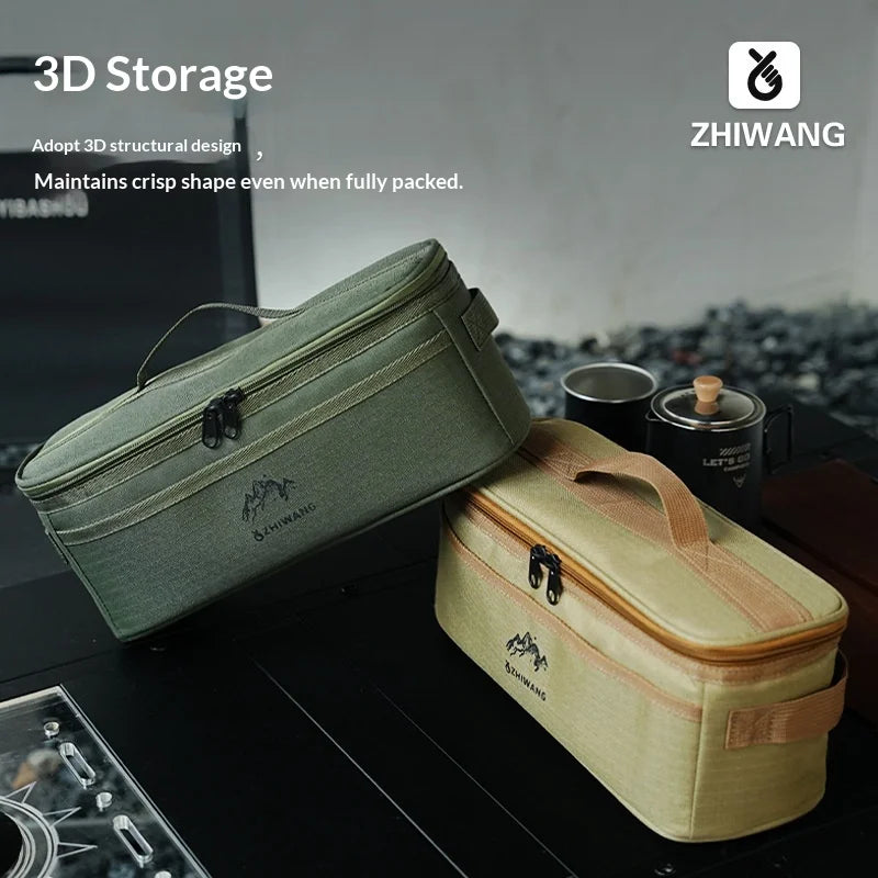 A light green portable organizer case for camping and picnic tableware, shown in a side view.