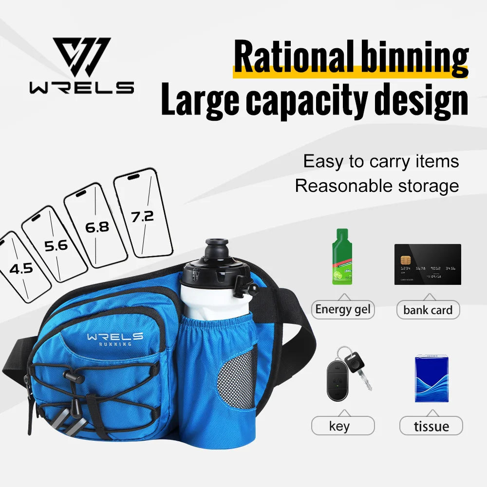 Blue Wrels sports fanny pack designed for rational binning and large capacity storage, holding various items like a cell phon