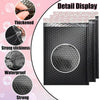 Detail display of black bubble mailers showing thickened material, strong stickiness, waterproof features, and strong constru