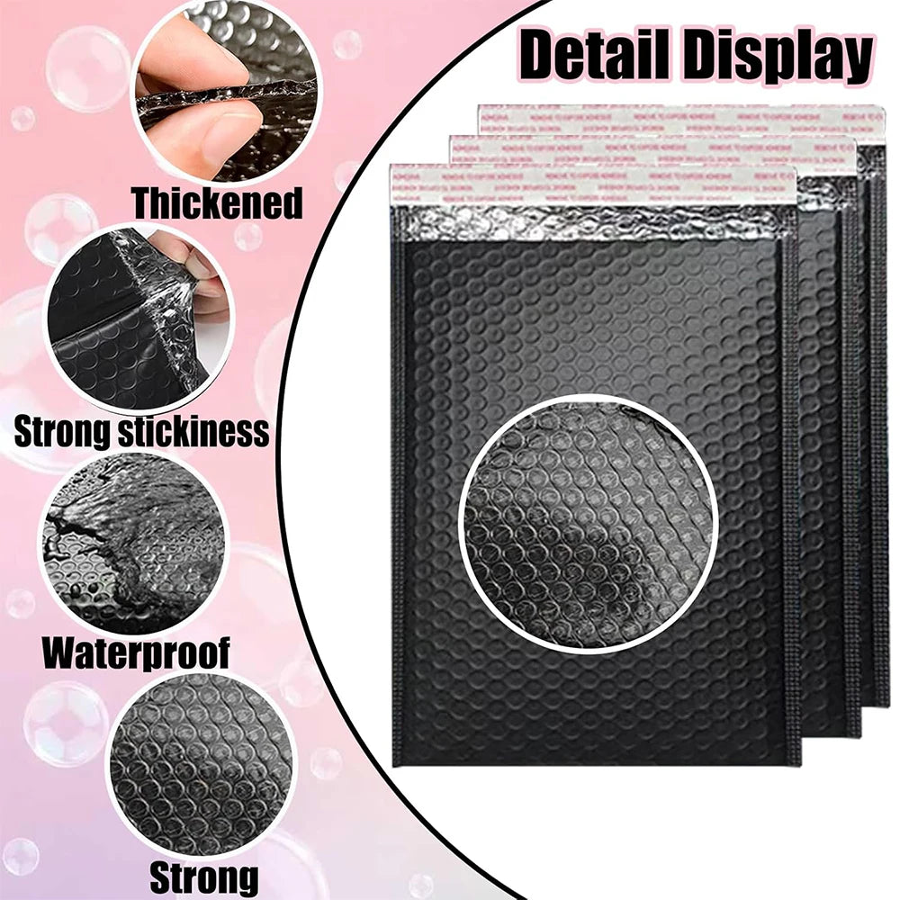 Detail display of black bubble mailers showing thickened material, strong stickiness, waterproof features, and strong constru