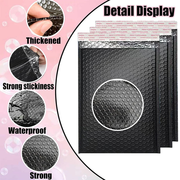 Detail display of black bubble mailers showing thickened material, strong stickiness, waterproof features, and strong constru