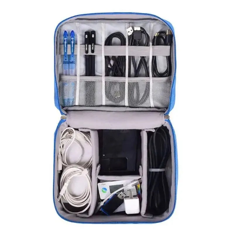 A gray leather cable storage organizer bag with multiple mesh pockets for organizing electronic cables and accessories.