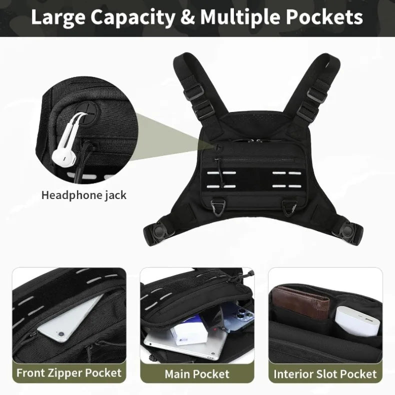 Black ultralight tactical chest bag with multiple pockets and a headphone jack