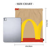 A beige kraft paper drawstring bag with a yellow arch design shown next to an iPhone for size reference.