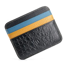 A black genuine leather slim card holder wallet with three horizontal stripes of blue, yellow, and light blue.