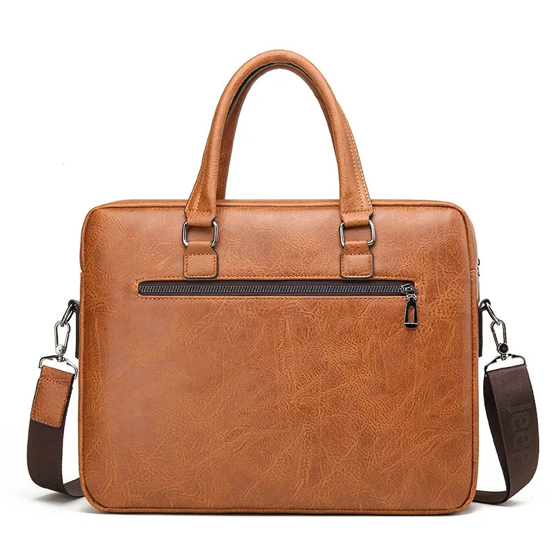 A brown men's PU leather business briefcase bag with a top handle and zipper pocket.