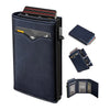 A dark blue slim pop-up wallet with a clear ID window and multiple cards displayed.