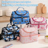 A collection of colorful insulated double-layer lunch bags for kids featuring various cartoon prints and styles.