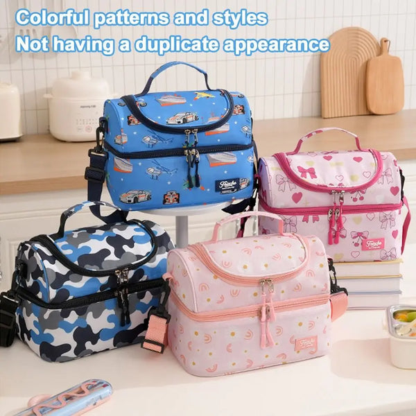 A collection of colorful insulated double-layer lunch bags for kids featuring various cartoon prints and styles.