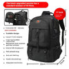 Black upgraded travel backpack with various features including a front pocket, scalable design, and USB charging port.
