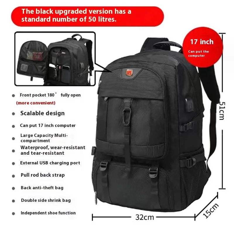 Black upgraded travel backpack with various features including a front pocket, scalable design, and USB charging port.