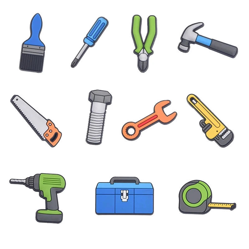 A collection of various tools and hardware items including a paintbrush, screwdriver, pliers, hammer, knife, screw, wrench, a