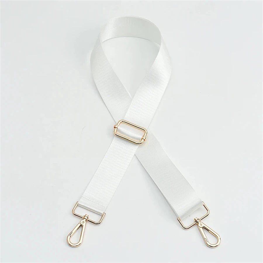 White nylon adjustable shoulder strap with gold-toned buckles