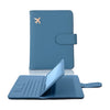 A blue PU leather passport holder with credit card slots shown open and closed.