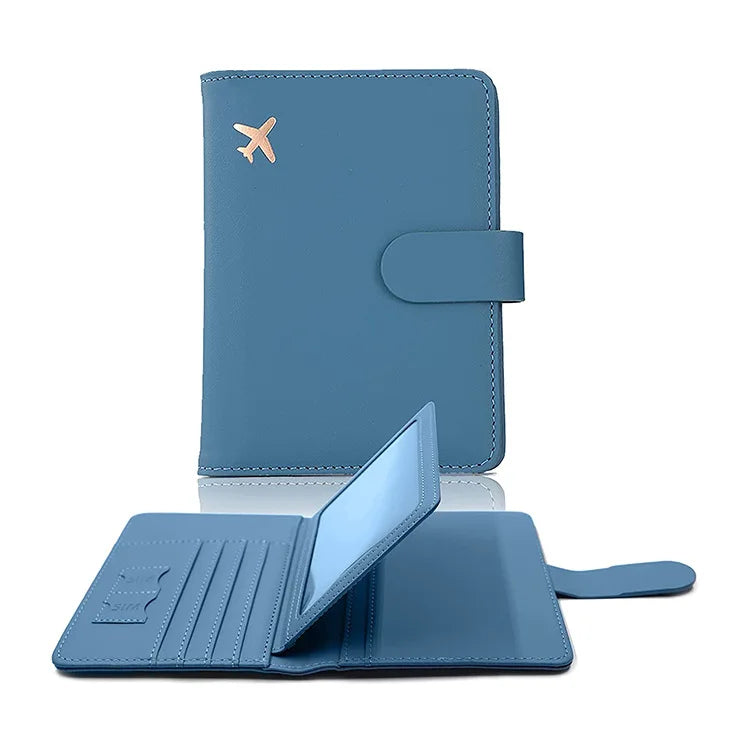 A blue PU leather passport holder with credit card slots shown open and closed.