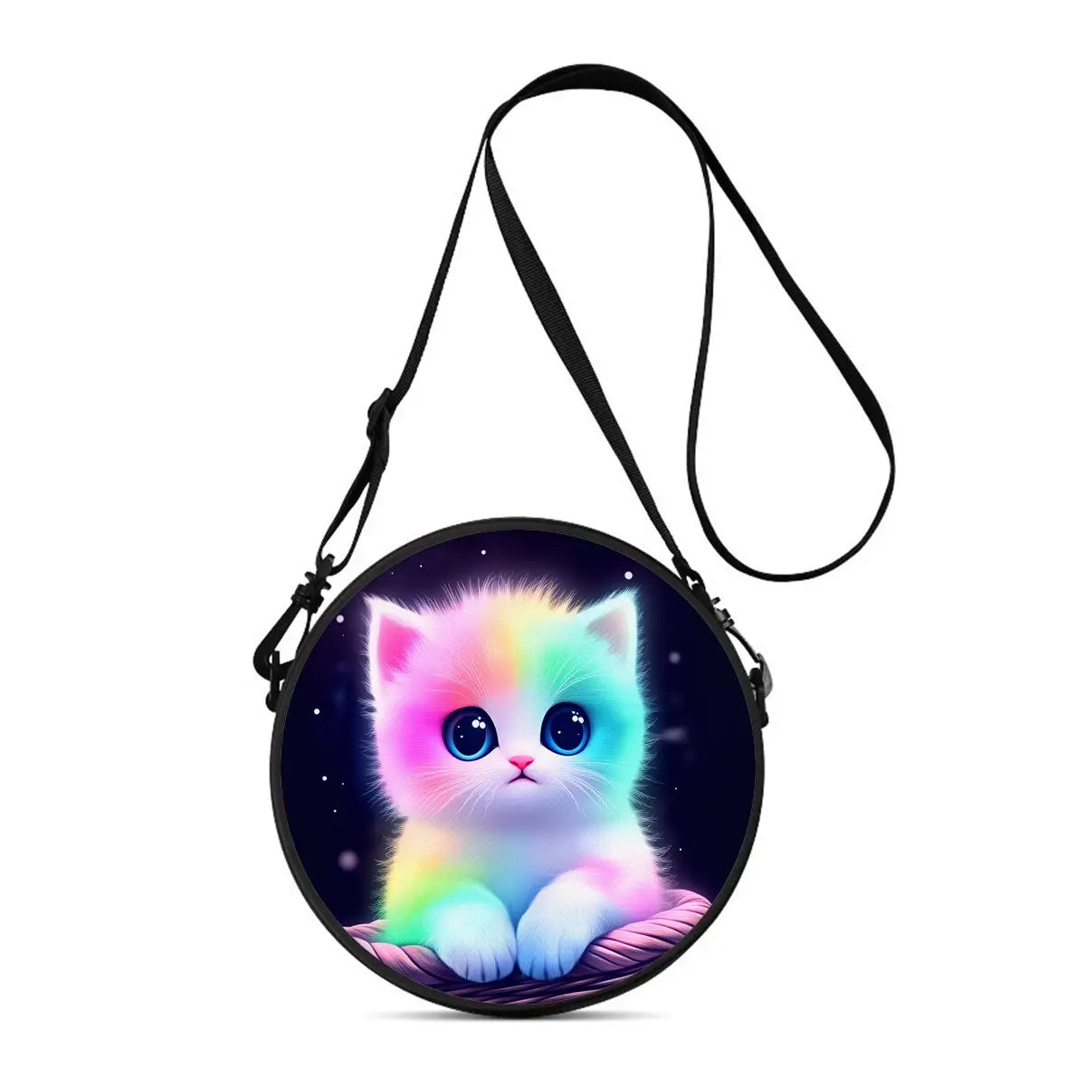 A round crossbody bag featuring a cute, multicolored neon cat design.