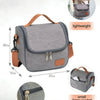 Gray insulated reusable lunch bag with brown strap and small pocket details
