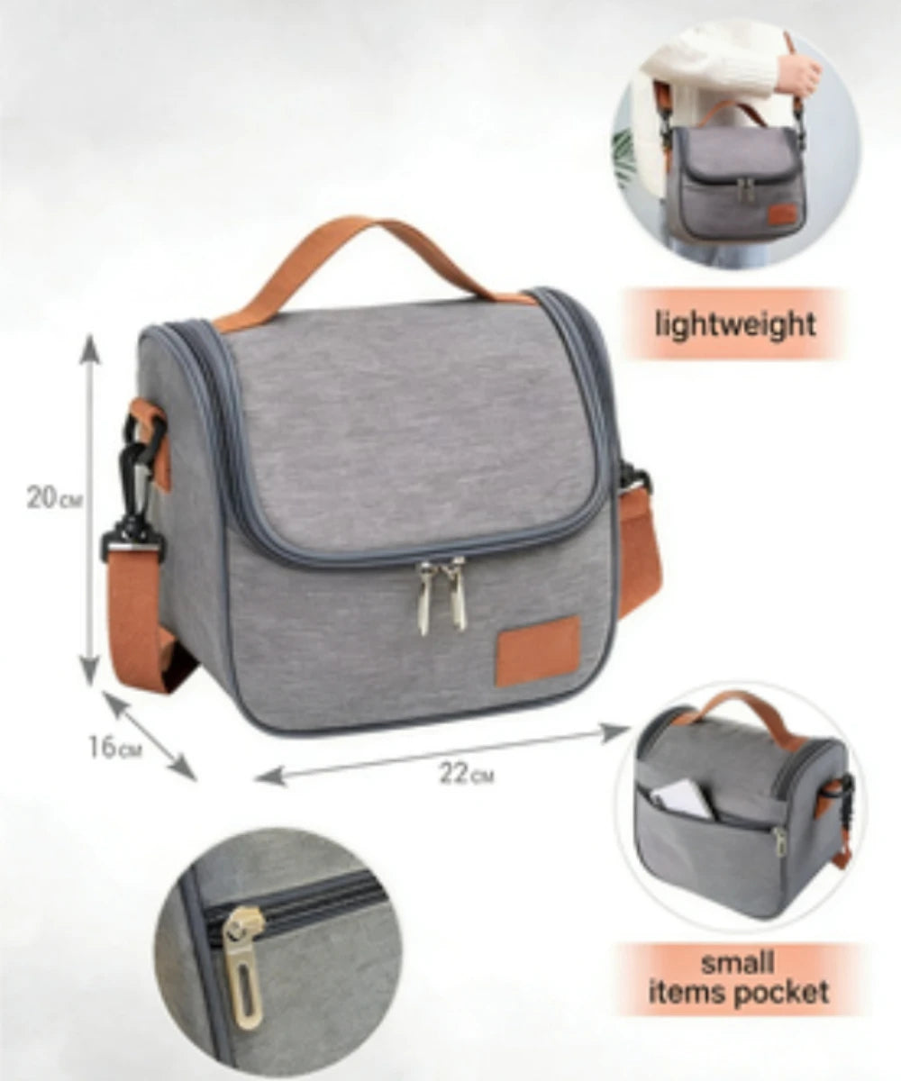Gray insulated reusable lunch bag with brown strap and small pocket details