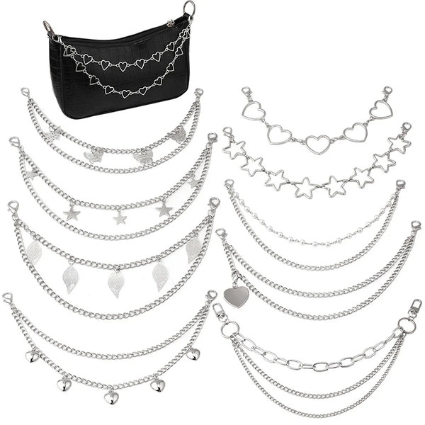 A black multi-layer metal chain strap shoulder bag charm featuring various heart and star designs.
