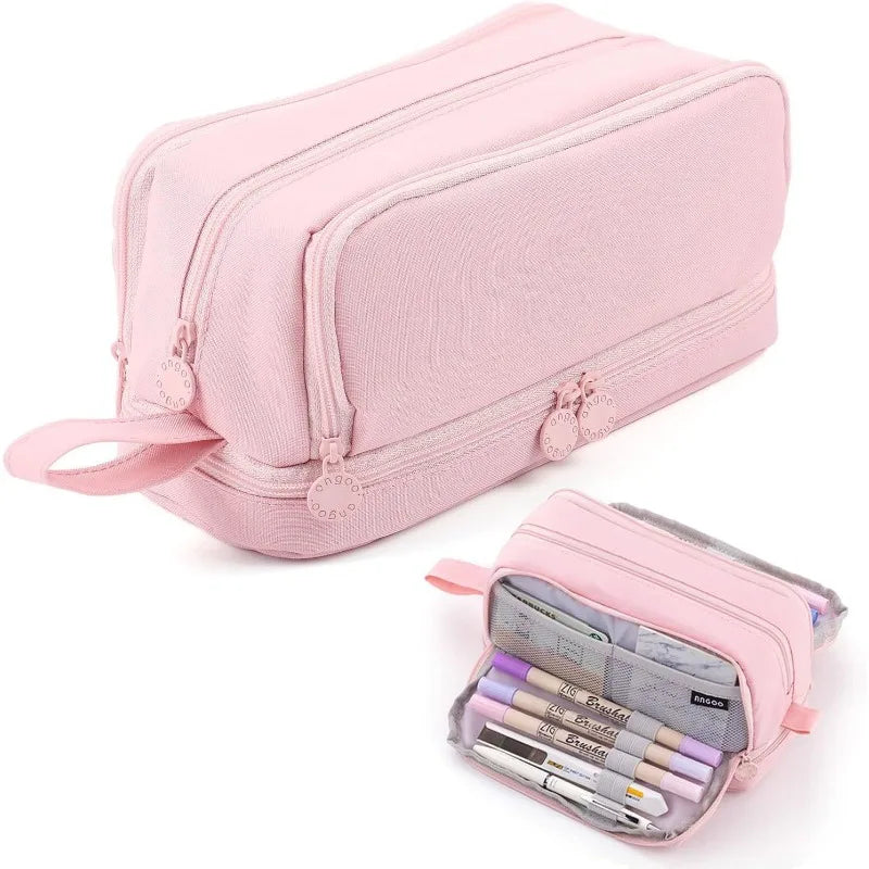 A pink zippered pencil case designed for students, featuring multiple compartments and a soft fabric.