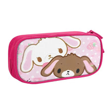 Pink zippered pencil case featuring a cute white rabbit and brown rabbit design