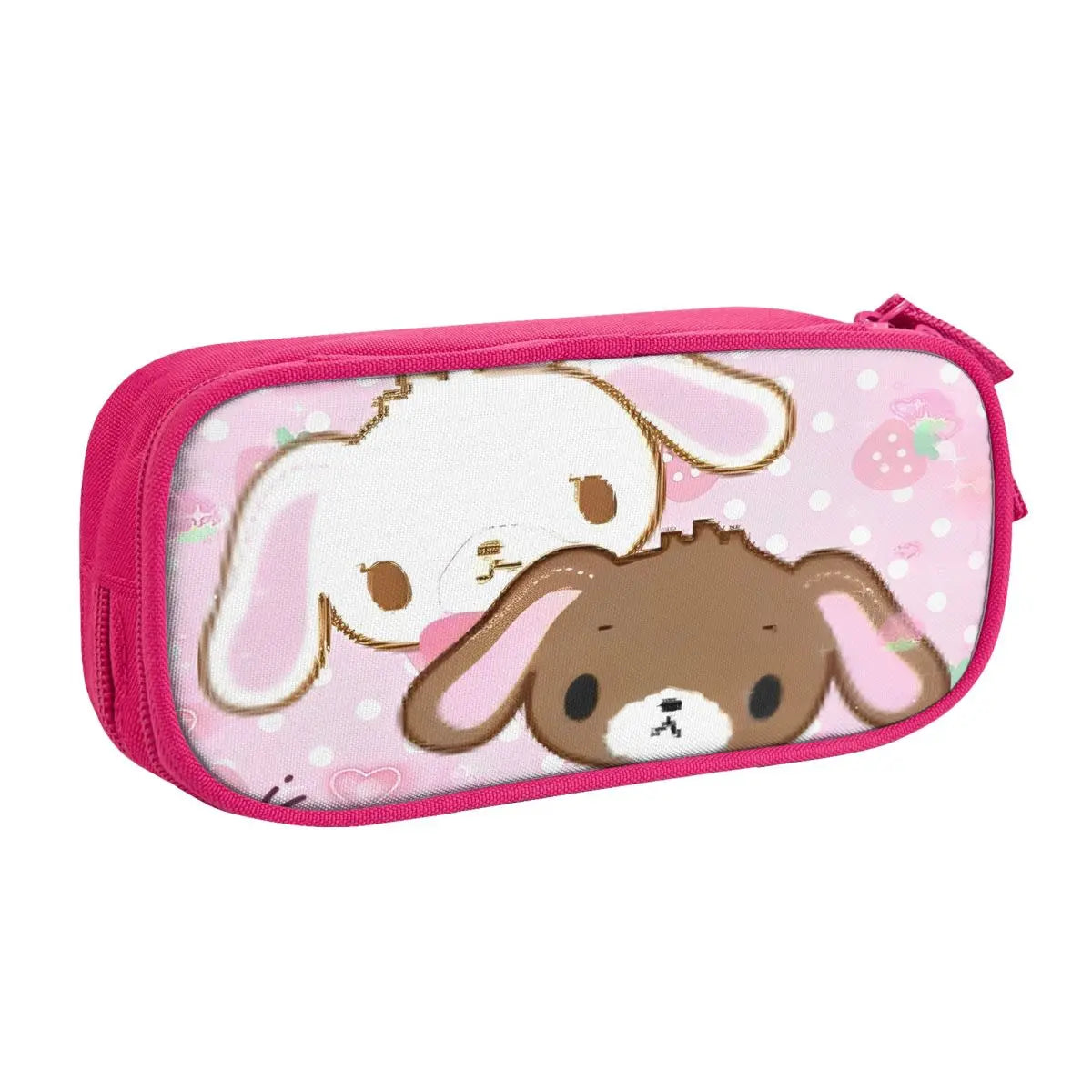 Pink zippered pencil case featuring a cute white rabbit and brown rabbit design