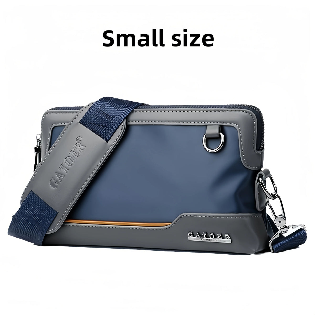 A small gray and blue crossbody bag with a dark blue adjustable strap and silver hardware.