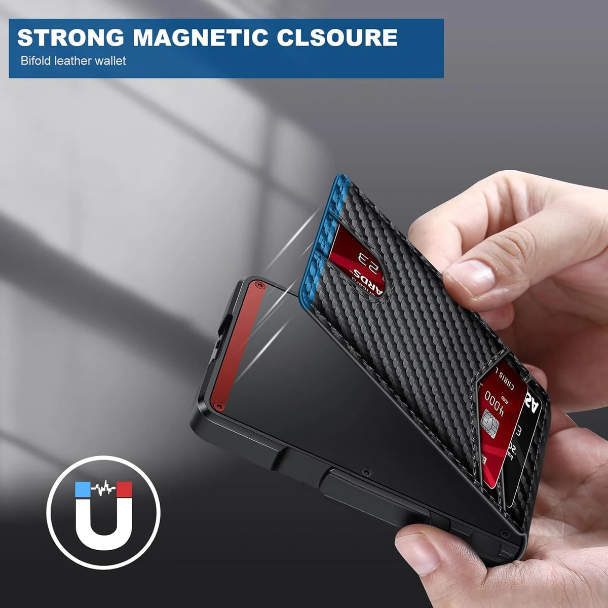 A hand holds a black Bifold leather wallet with a textured pattern, demonstrating strong magnetic closure.