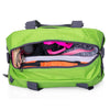A bright lime green duffel bag with gray straps, open to show various colorful clothing and accessories inside.