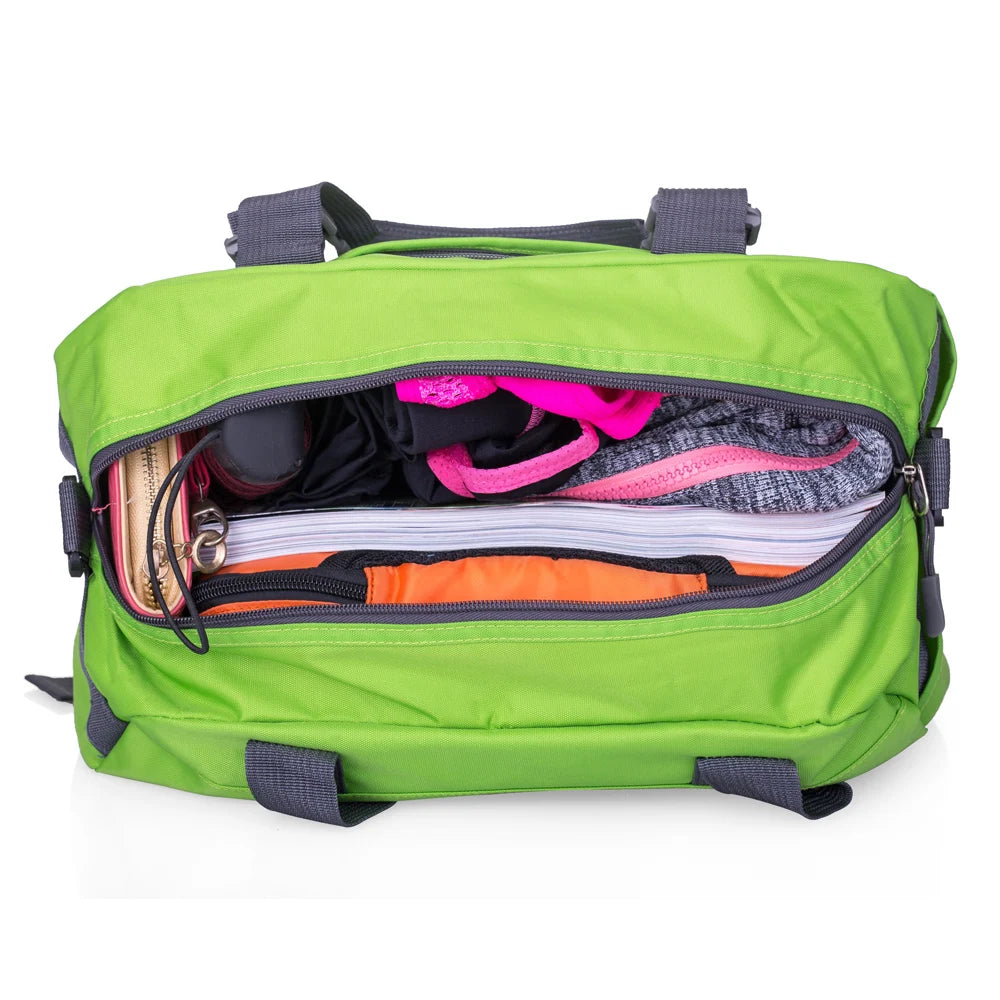 A bright lime green duffel bag with gray straps, open to show various colorful clothing and accessories inside.
