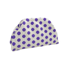 A clutch bag featuring a light purple and white polka dot pattern.