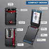 A compact black card wallet with a lanyard hole, thumb hole, and magnetic closure, shown in various configurations.